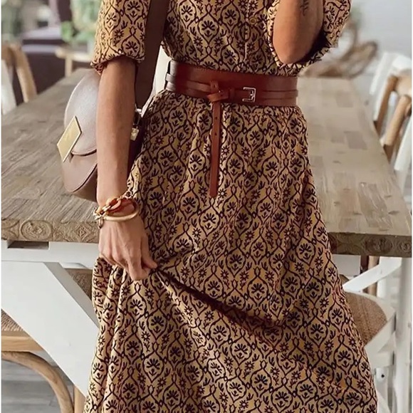 43 Brown Black Pattern Silky Soft Maxi Long Bohemian Boho Dress Short Sleeve - Picture 6 of 6